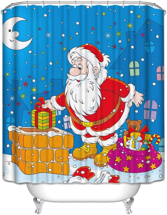 Hgod Designs Best Gift For Christmas Day Santa Claus Giving Gifts On The Roof Under The Moon And Stars Sky Cartoon Night View 100 Polyester Fabric