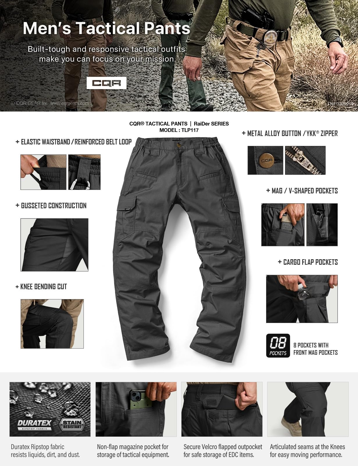 CQR Men's Tactical Pants, Water Resistant Ripstop Cargo Pants, Lightweight EDC Work Hiking Pants, Outdoor Apparel