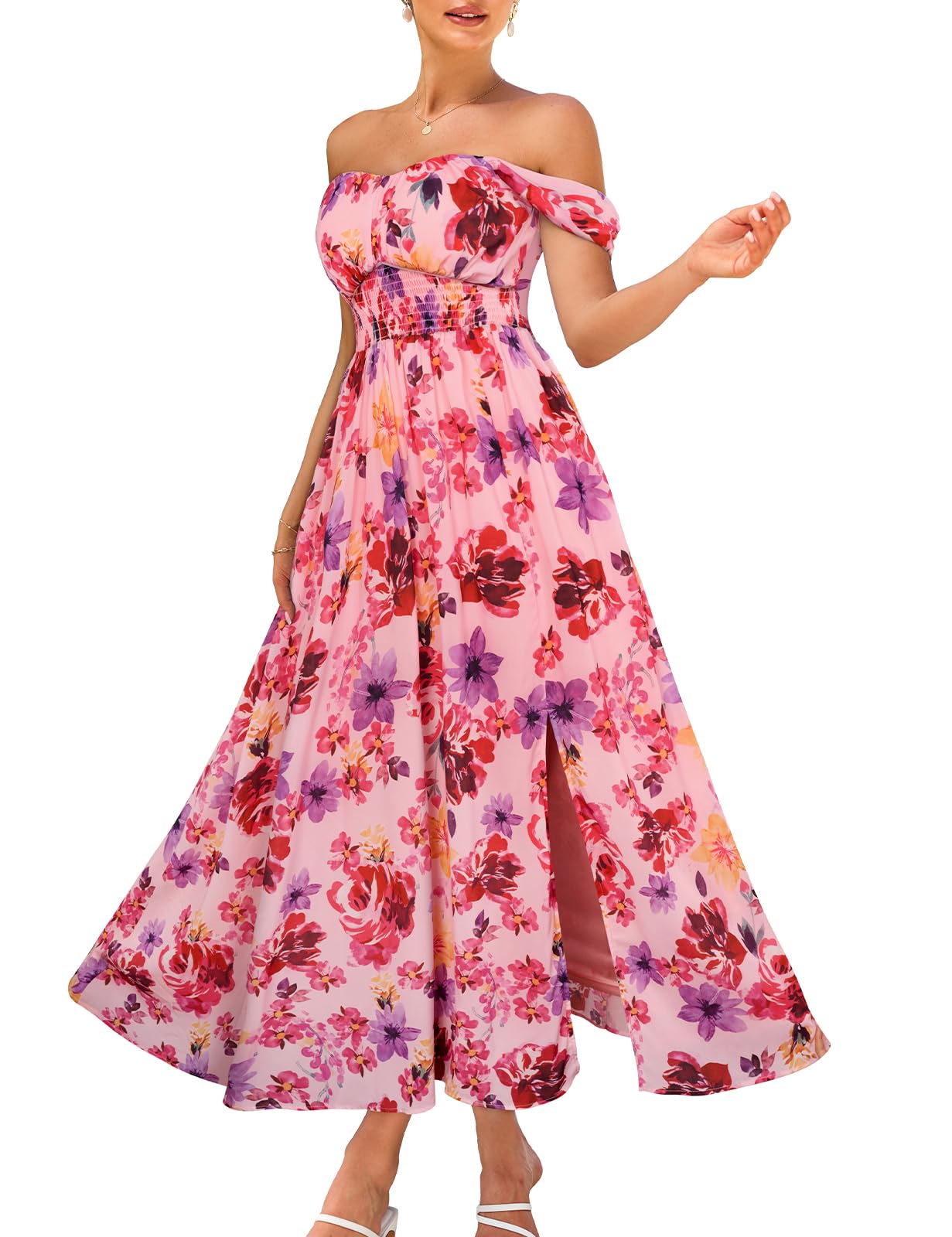 Photo 1 of 2025 Women's Summer Sleeveless Off Shoulder Floral Flowy A Line Maxi Dresses Purple Red XL