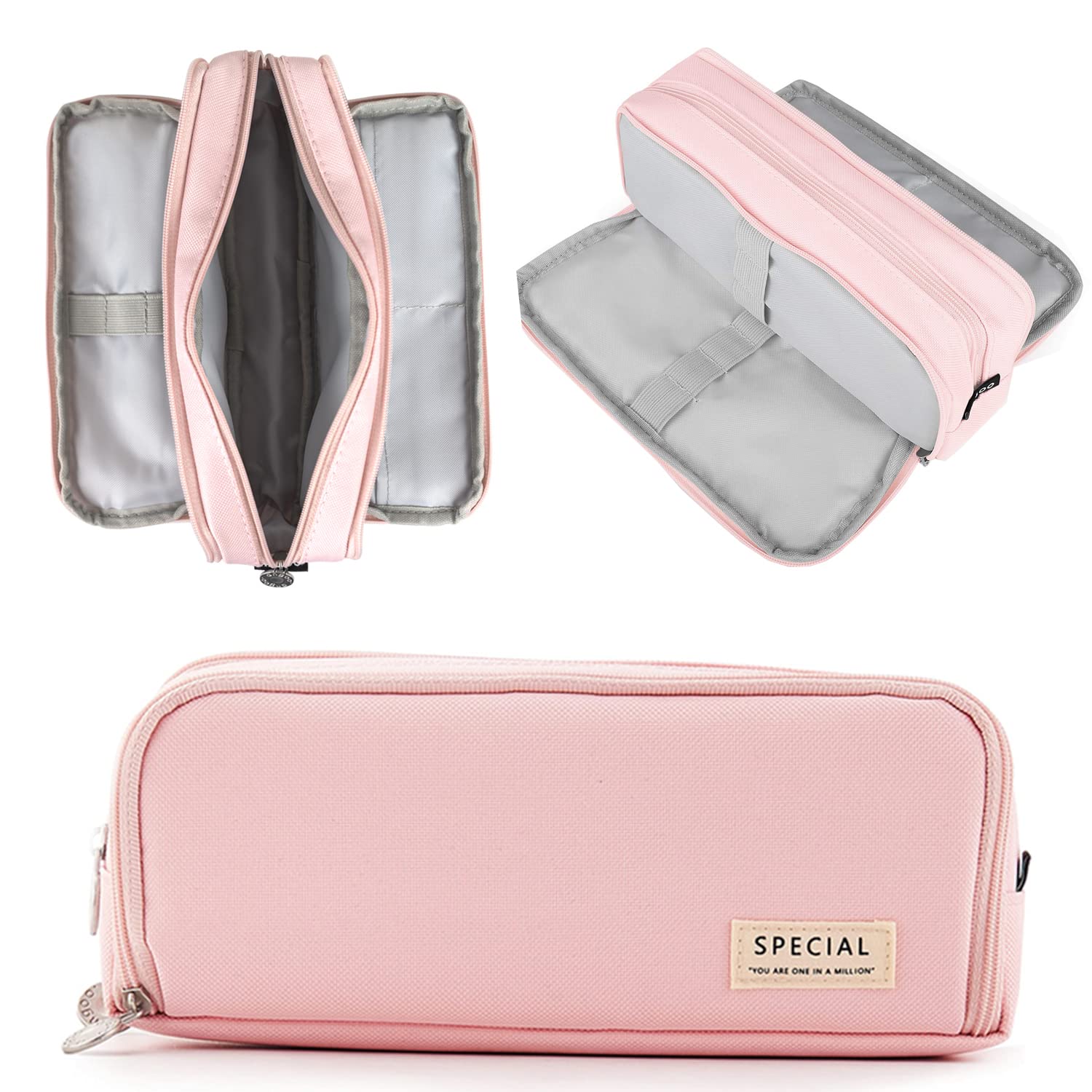 NEWUPZSI Pencil Case Girls Boys with 3 Compartments Large Pink Compact Pencil Case for Children Students Adults School Office Makeup Gift