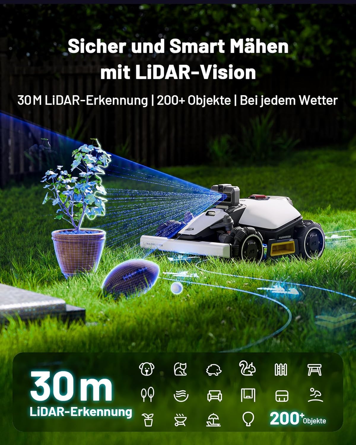 MAMMOTION LUBA mini AWD LiDAR Mähroboter ohne Begrenzungskabel & RTK-Antenne für 1500 m², 3D LiDAR+NetRTK+AI Vision Triple-Fusion, AWD 80% Steigung, Automatische Kartierung, 3 Jahre Gratis-4G 4