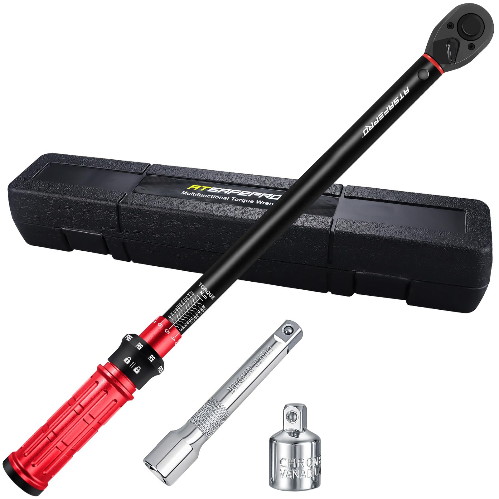 ATsafepro Drehmomentschlüssel 1/2",20-230Nm Drehmomentschlüssel auto mit 3/8" Adapter Verlängerungsstange,±3% Fehlergenauigkeit 72 Zähne torque wrench für die Reparatur von Auto, Motorrad, LKWs