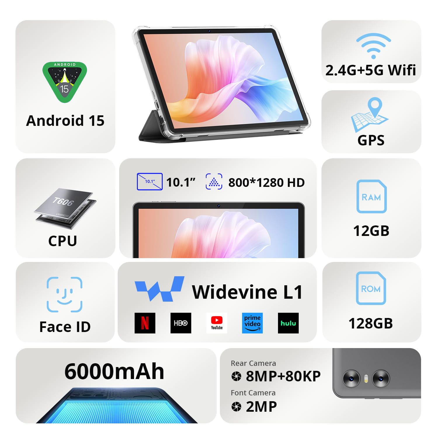 2025 Latest Tablet, 10 Inches, 12GB RAM + 128GB ROM (1TB TF) with Case, Pen, Keyboard and Mouse, Octa-Core, 1280 x 800 HD, 6000 mAh (with NTC), Widevine L1, 8MP + 5MP, 2.4G + 5G WiFi, GPS