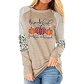 Thankful Grateful Blessed Print T Shirt Women Thanksgiving Pumpkin Long Sleeve Blouse Leopard Printed Striped Fall Tee