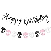 Vofrise Pink Skull Halloween Happy Birthday Banner for Girl Glitter Skull Garland Banners for Pink Halloween Birthday Party Decorations
