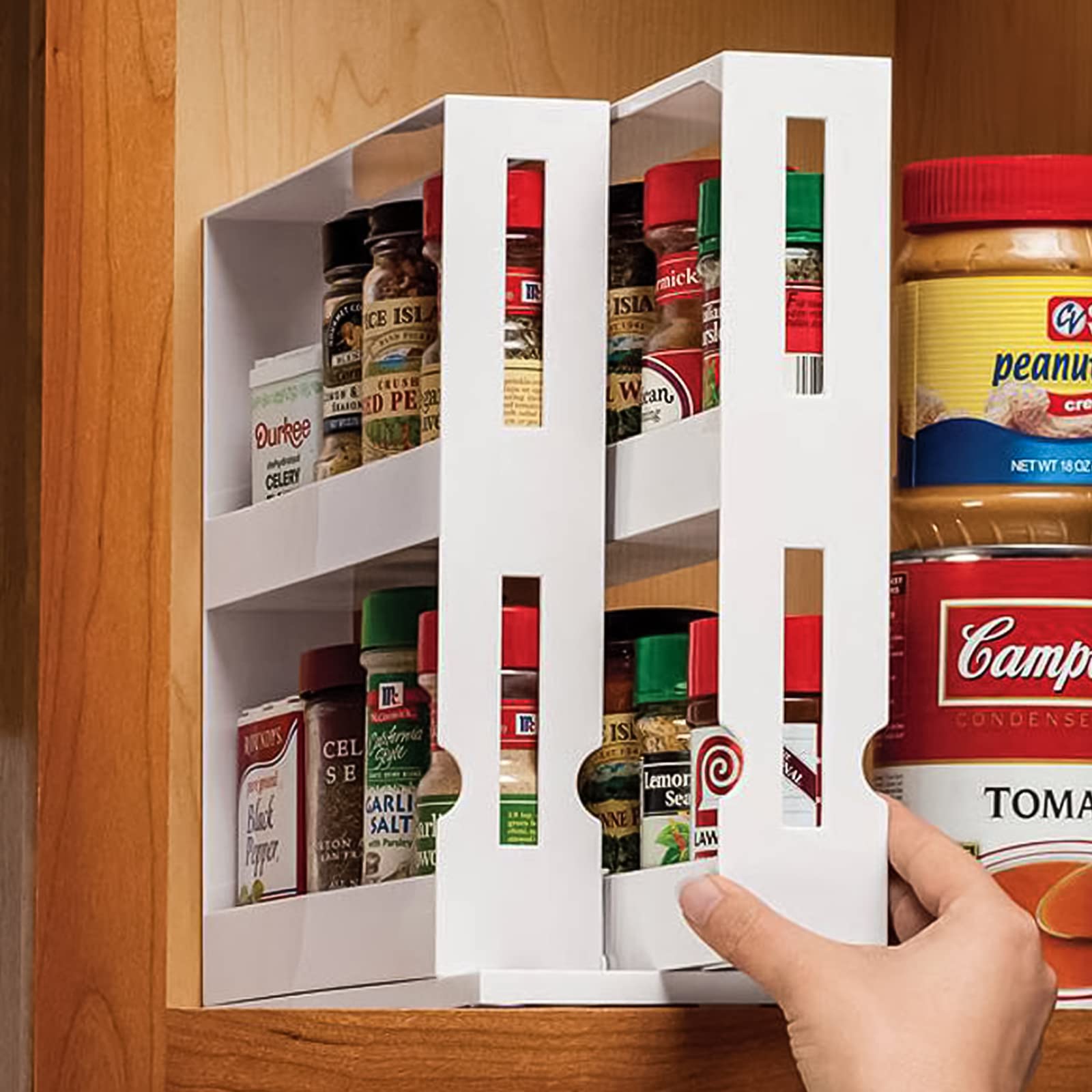 ProChosen Spice Rack Organiser, Spice rack kitchen organiser, organise seasoning, best for tidy spices and herbs, expandable rotating spice rack, inside kitchen cupboard, in white plastic