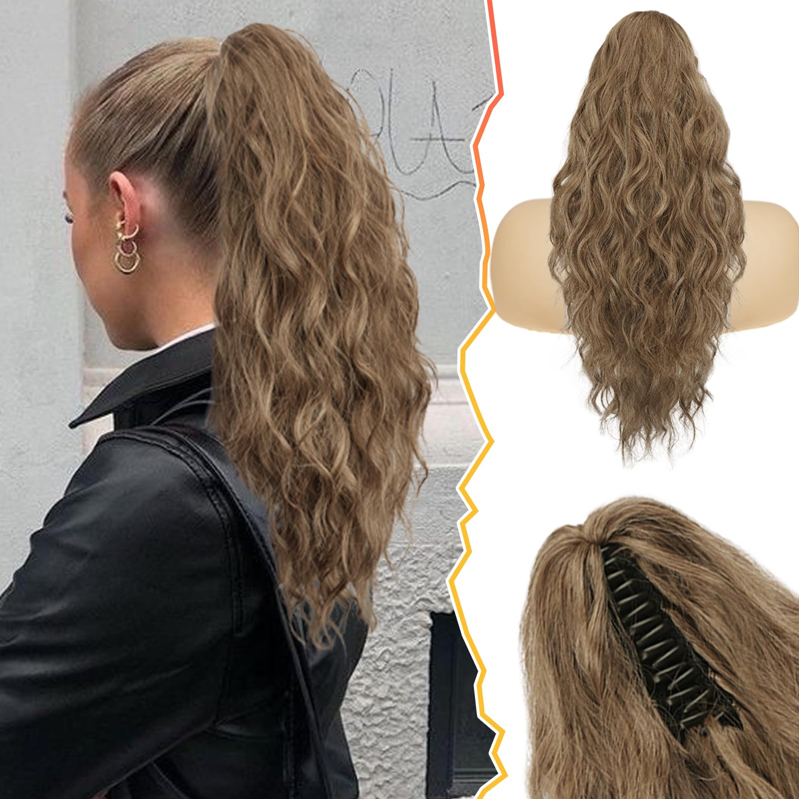 Photo 1 of BARSDAR Brown Ponytail Extension - 18 Inch Claw Clip Ponytail Extensions for Women - Curly Wavy Multi Layered Synthetic Clip In Pony Tails Hairpieces Fake Ponytail - Ash Brown Mixed