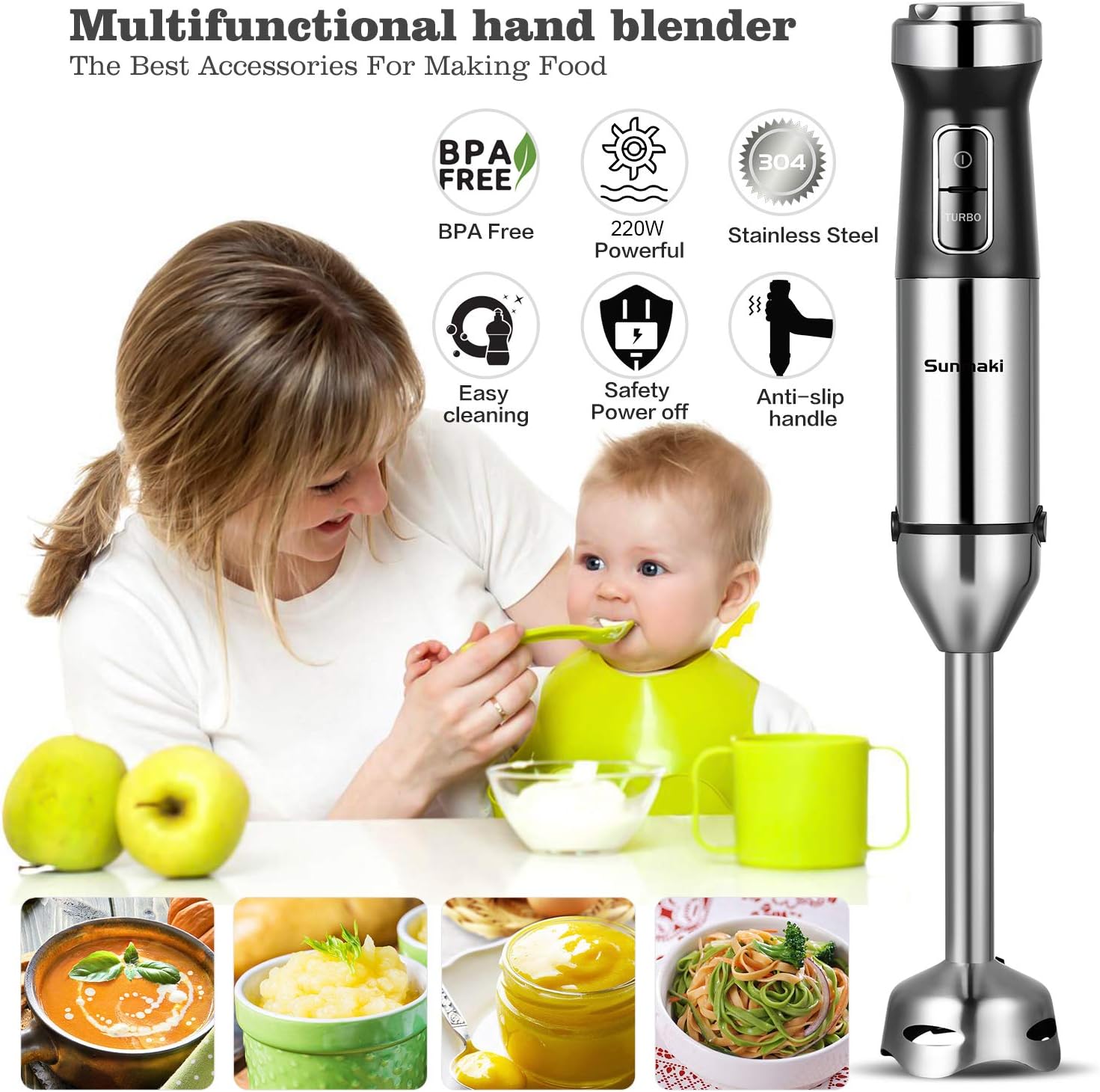 Sunmaki 4 in 1 Hand Blender multi function, Immersion blender, Speed Adjustable Stainless Steel Stick, Egg Whisk, Baby Food/Juice/Smoothies Maker, Minced meat, 500ml Food Chopper, 800ml Container: Kitchen & Dining