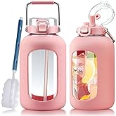 WINSA Large Glass Water Bottles with Stainless Steel Handle,100 oz Gallon Drinking Bottle with 2-in-1 Straw Lid,3 Liter Glass Water Jug with Silicone Sleeve,Wide Mouth,Pink