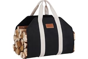 STBoo Firewood Carrier Waxed Canvas: Log Carrier for Firewood Heavy Duty | Fire Wood Carrier Tote Bag | Fireplace Log Holders for Firepit Outdoor Camping, BBQ, Wood Stove Accessories Gift, Black