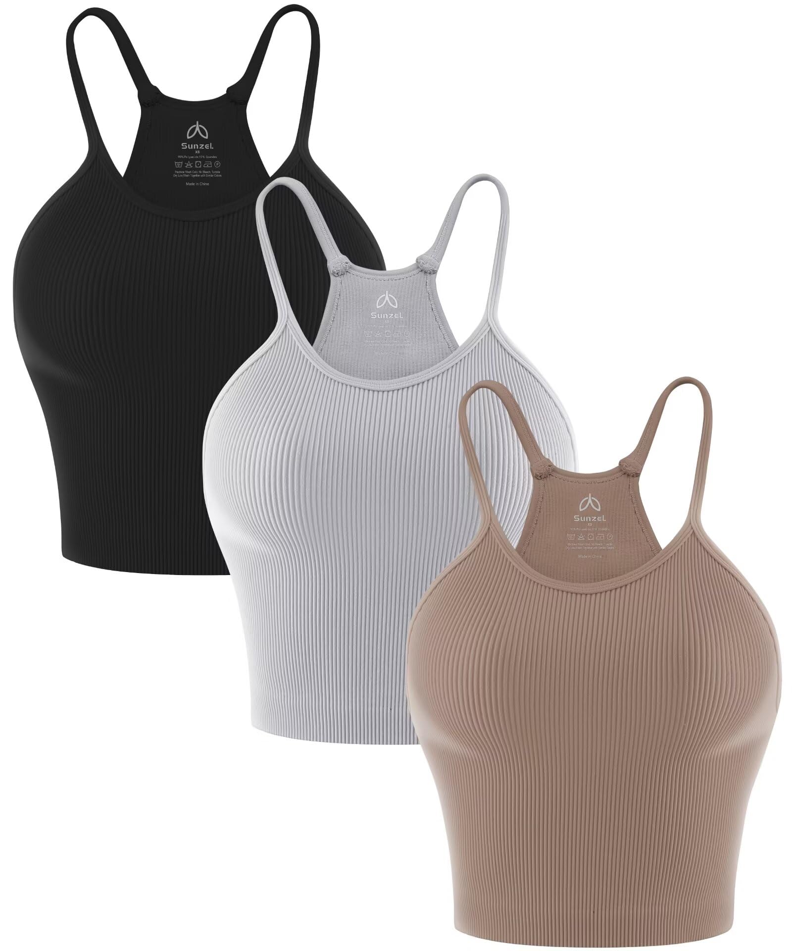Photo 1 of Sunzel Free to Be Tank, Crop Ribbed Tank Tops Seamless Racerback Camisoles No pad Camis Cropped Workout Gym Yoga Black Brown Grey(3pcs) L/XL
