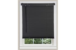 PowerSellerUSA 1" Slats Cordless Window Blinds, 64L x 35W Inches Solid Pattern Light Filtering Vinyl Indoor-Outside Ceiling Mount Mini Blind, Manual Cordless Rollup Window Privacy Blinds, Black