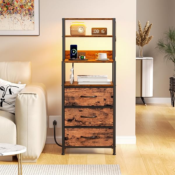 FURNULEM NIGHT STAND, TALL NIGHTSTAND WITH 4-TIER SHELVES AND 3 FABRIC DRAWERS, LED BED SIDE TABLES WITH CHARGING STATION, BEDSIDE TABLE FOR BEDROOM, HALLWAY, OFFICE, RUSTIC BROWN