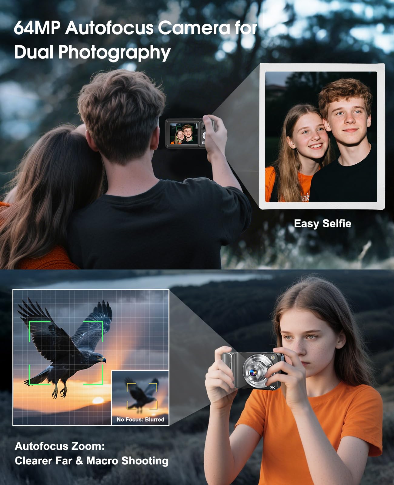 5K Digital Camera for Photography, 64MP Touchscreen WiFi Camera with Autofocus 6X Optical & 16X Digital Zoom, Dual-Lens Vlogging Camera for YouTube Video Anti-Shake, Travel Compact Camera with Flash