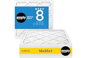 Simply 16x25x1 Air Filter, MERV 8, 6 Pack, For Home AC Furnace & HVAC (Actual Size: 15.75"x24.75"x0.75") DUST, Pet, & Allergy