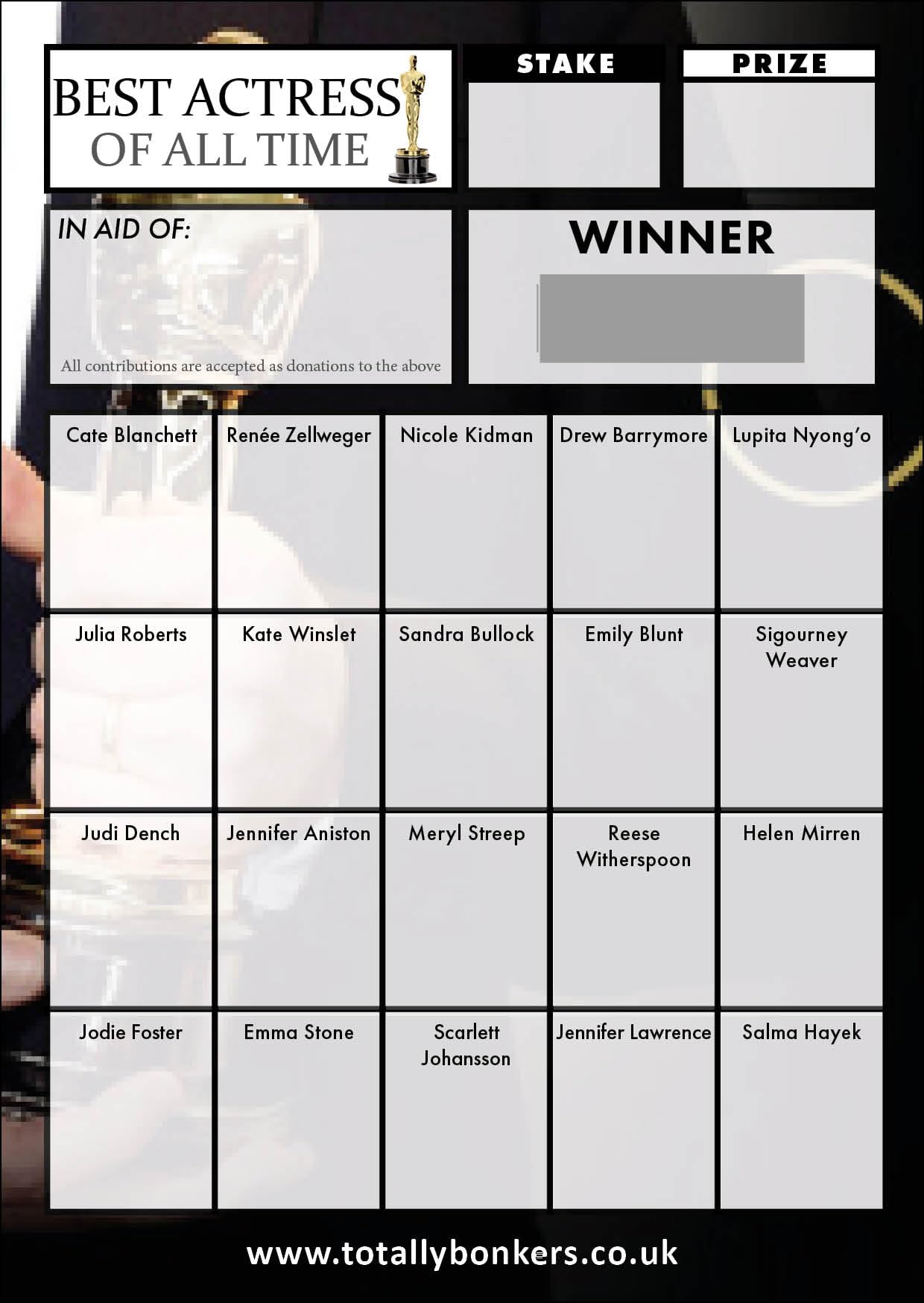 Totally Bonkers - Actress (Films) Fundraising Scratch Cards - 20 Square - A6 (148x105mm) -10 Pack - TB0017 - Blind Card