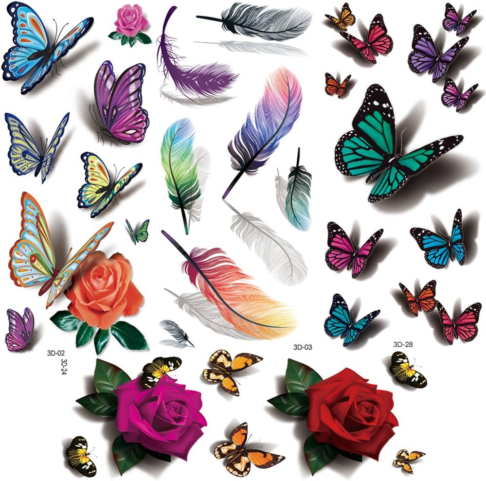Yesallwas Temporary Feather Butterflies Tattoos for women 4 Pcs Feather Butterflies Tattoo Sticker Fake Flowers Tattoos for kids girls teens,waterproof and Long Lasting body tattoos