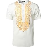 LucMatton Men's African Short Sleeve Hidden Button Shirt Metallic Foil Stamping Dashiki T Shirt​