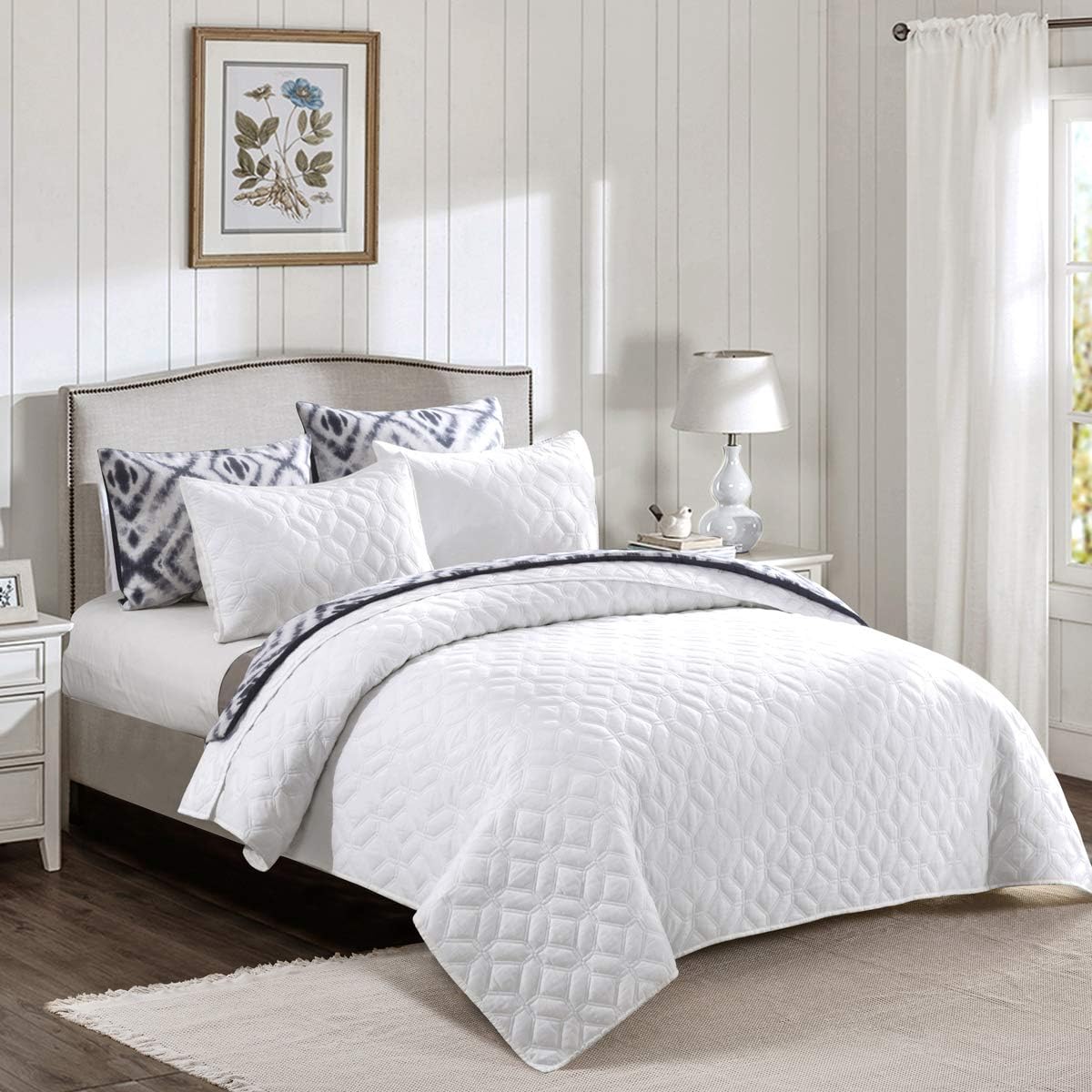 HeyDreamy Cotton Voile Lightweight 3 Piece Quilt Set Ultra Soft Garment Wash Coverlet Set Solid Diamond Stitched Bedspread Geometric Pattern with Cotton Fill for All Season (White,Full/Queen)