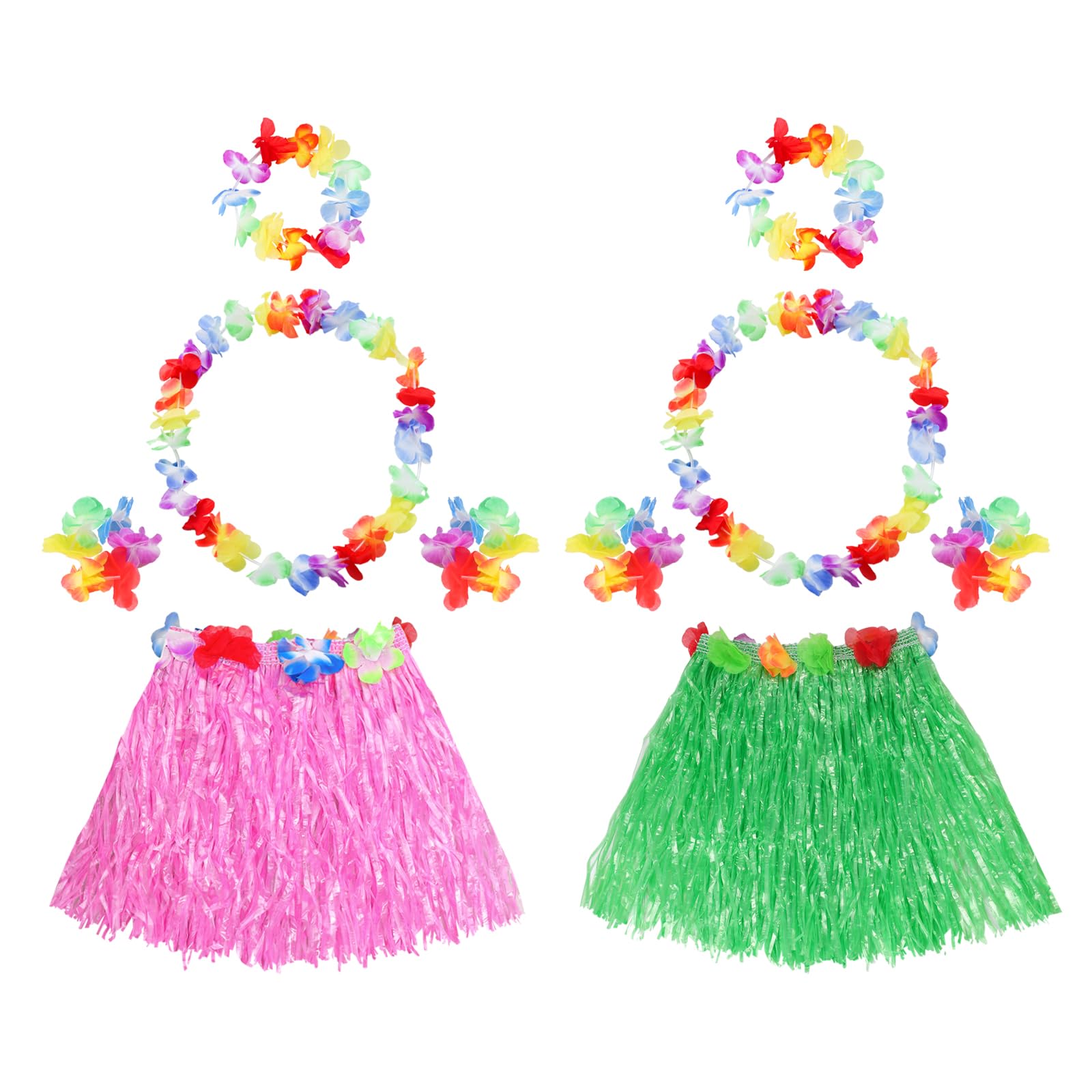 Photo 1 of Gvhntk 2 Sets Elastic Hawaiian Hula Grass Skirt Costume Set with Flower Leis Bracelets Headband Necklace for Beach Party Dance Women (Pink+Green)