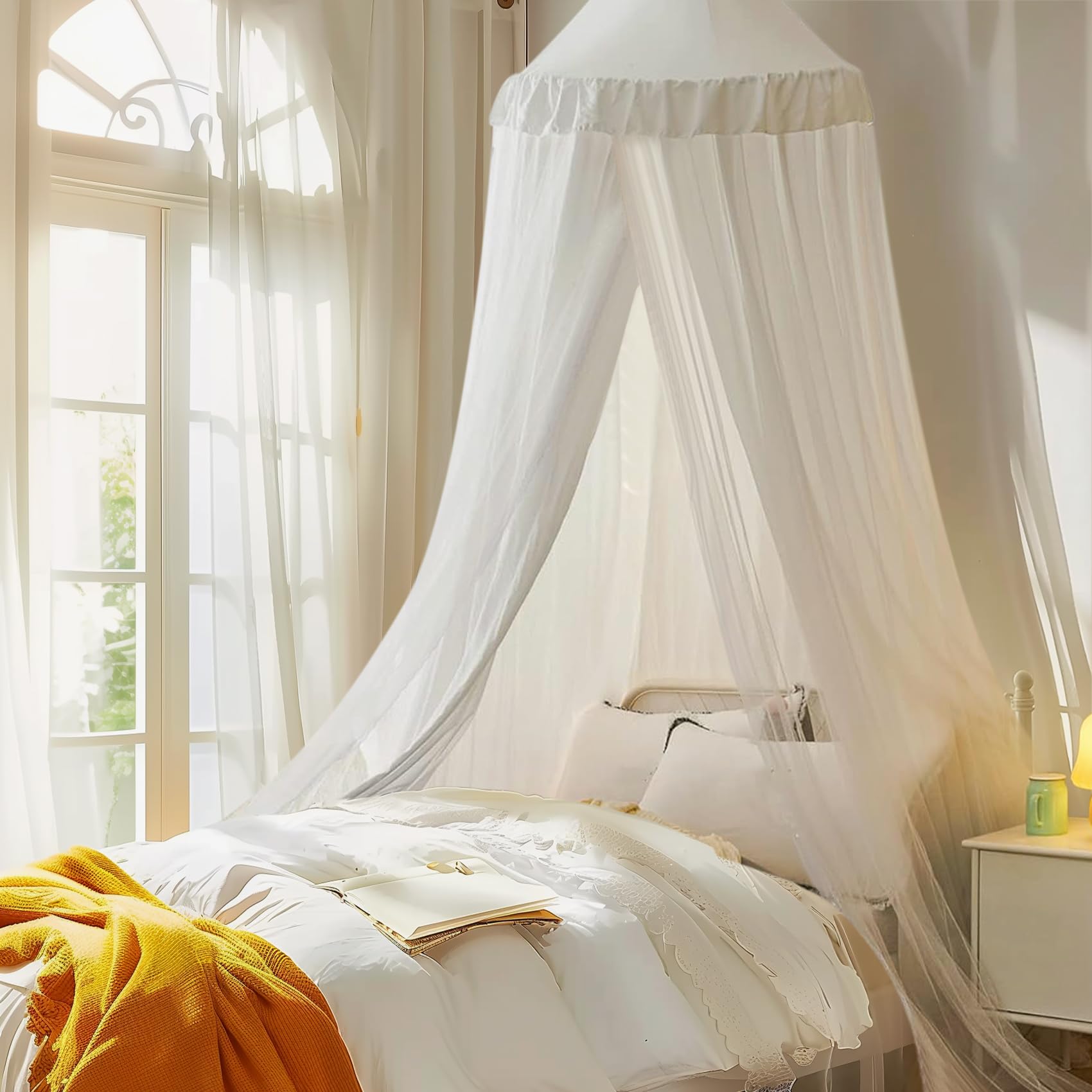 Photo 1 of Bed Canopy with Star Lights, Double Layer Canopy for Bed, Princess Play Tent for Girls Room, Breathable Canopy Bed Curtain for Children Reading Nook, Machine Washable Canopy, 25.6''x106'', White