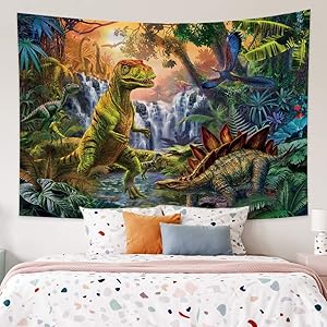 OFila Dinosaur Tapestry Giant Ancient Predator Animals Dino Tapestry Jurassic Nature Tropical Forest Waterfall Wall Hanging Tapestry for Home Bedroom Living Room College Dorm Decor 39.4x27.6 Inch