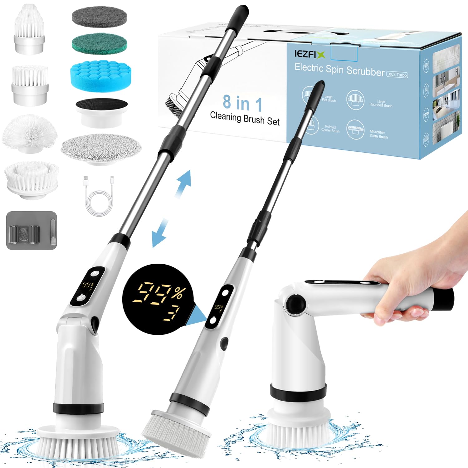 Photo 1 of IEZFIX Electric Spin Scrubber, Bathroom Power Shower Scrubber Cleaning Brush for Tub/Tile/Floor/Toilet/Kitchen, 8 Cleaner Scrub Brush Heads, 3 Speeds 450RPM Max, Telescopic Rod Black