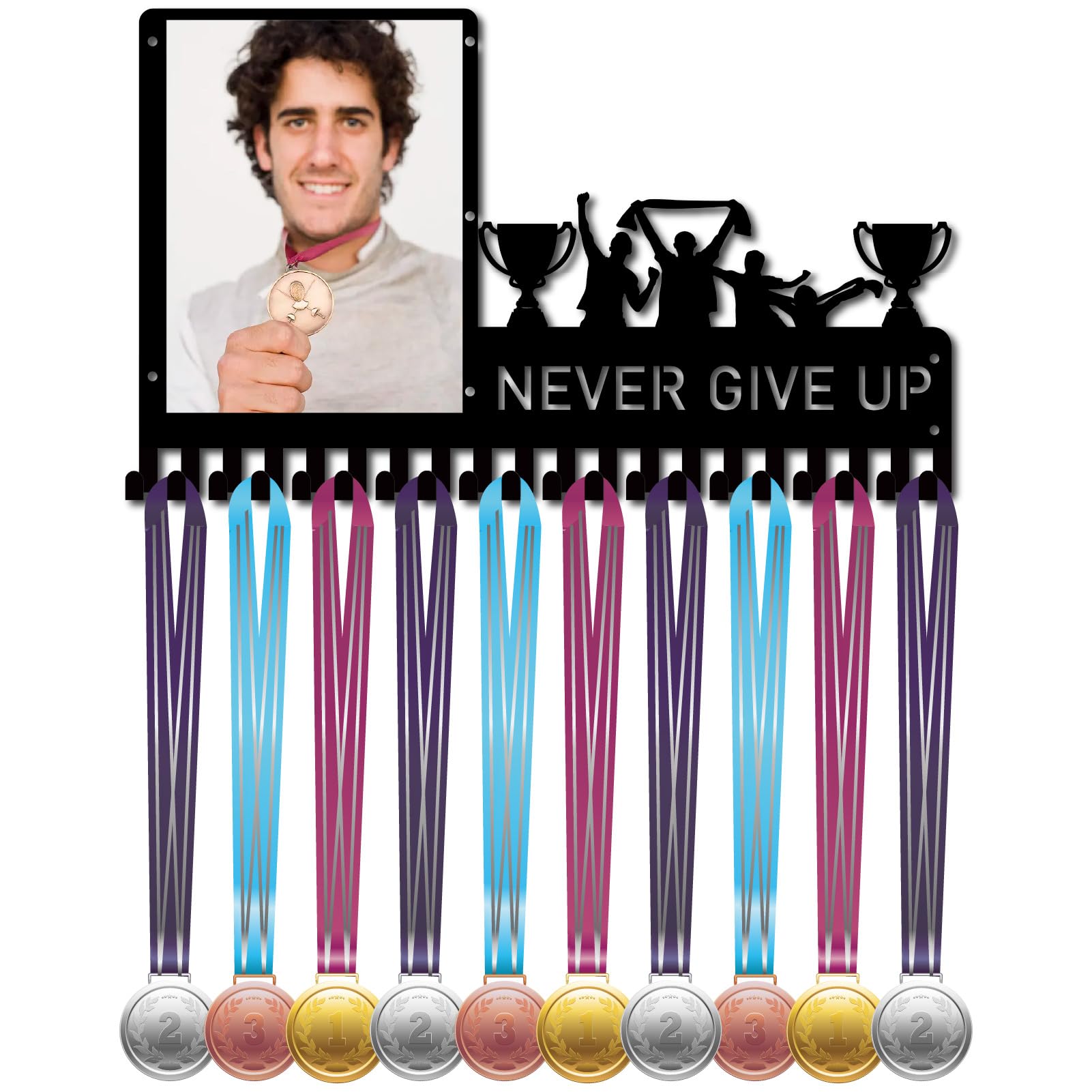 CREATCABIN Never Give Up Medal Hanger Display Trophy Medals Holder Rack with Photo Frame Metal Sports Hanging Athlete Awards Wall Mount with 20 Hooks for Competition Ribbon Medals Black 16.5x9.8Inch