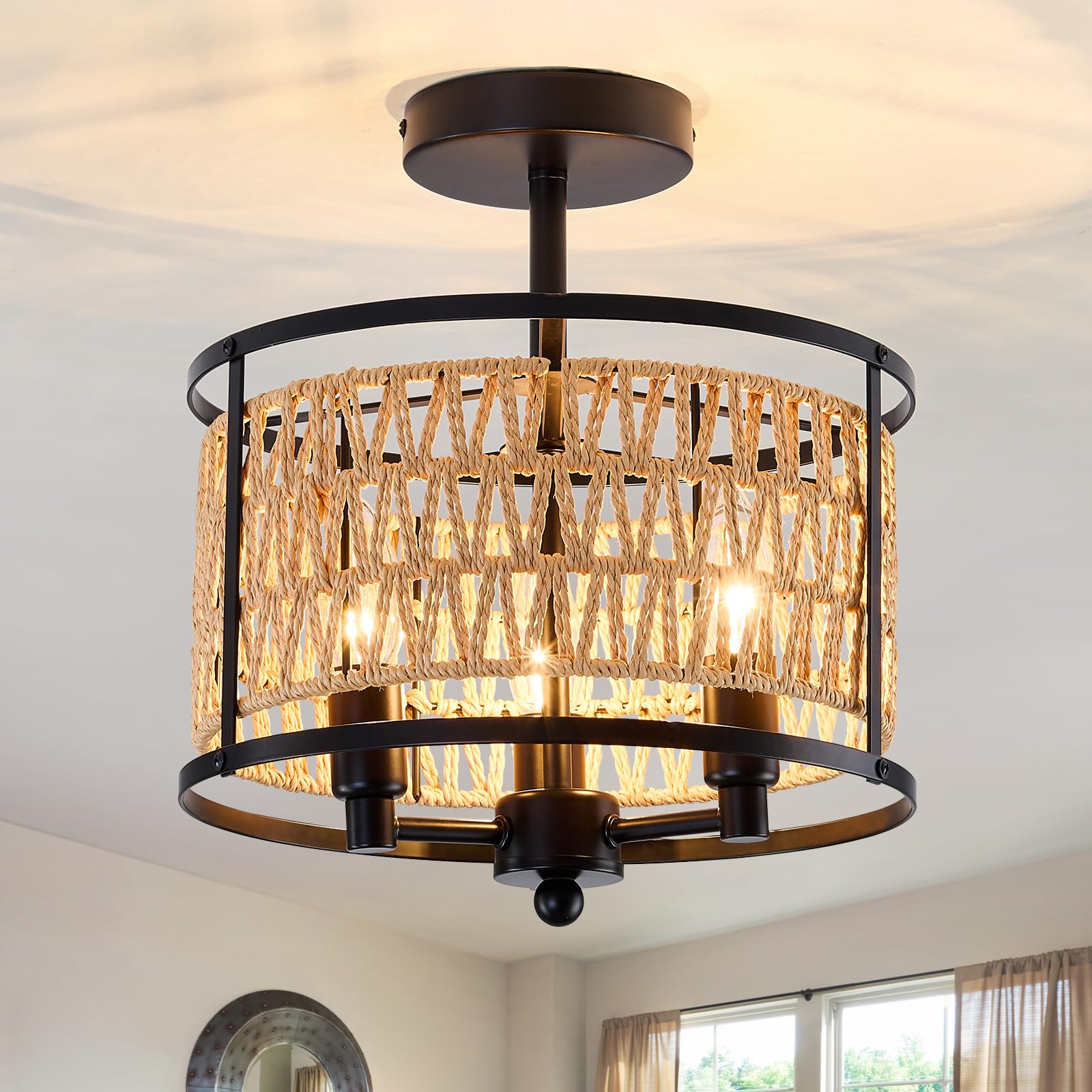 Photo 1 of VBSCIUPZ 3 Light Rattan Ceiling Light Fixture 11inch Boho Semi Flush Mount Ceiling Light Black Hand-Woven Cage Wicker Chandelier for Farmhouse Bedroom Hallway Entryway Kitchen