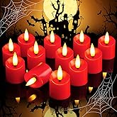Homemory 12Pack Timer Flameless LED Votive Candles, Realistic Flickering 3D Flame Candles, Long Lasting Battery Operated Tealight, for Thanksgiving Day, Christmas, Wedding Decor-Red Base