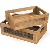 Dicunoy Set of 2 Decorative Wooden Crates, Rustic Countertop Nesting Basket with Handle, Antique Small Storage Containers for
