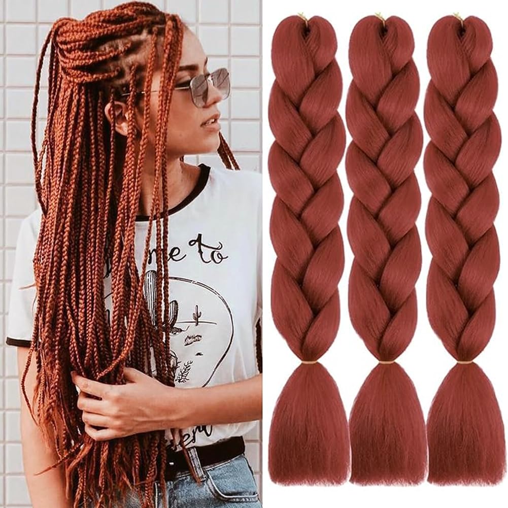 Colorfulpanda 3pc 24inch Hair Extensions for Jumbo Braiding,Colorful Pre Stretched Braiding Hair Heat Resistant Yaki Synthetic African Box Braids Crochet Twist hair for Womens,Auburn โ image 1