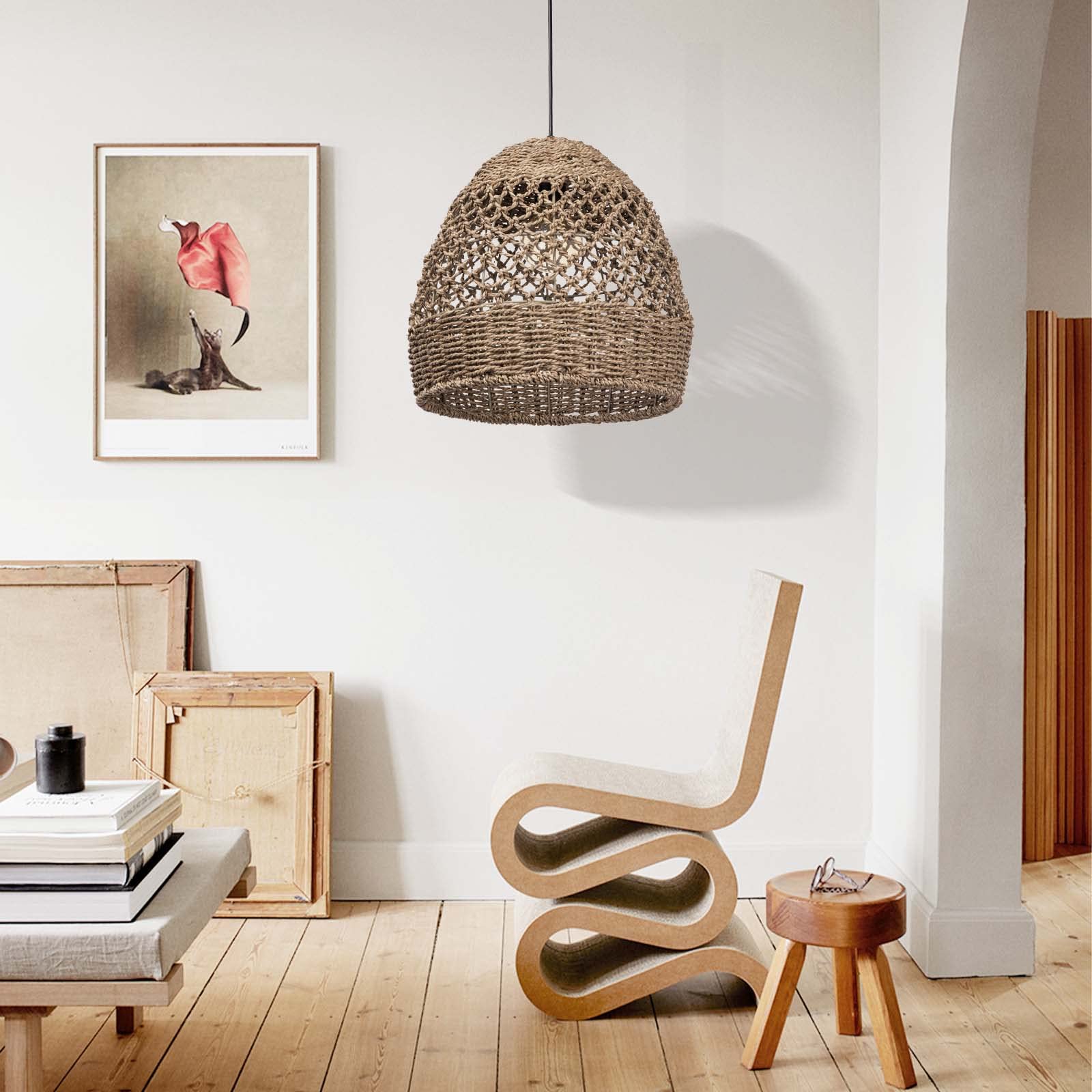 Photo 1 of Arturesthome Rattan Woven Pendant Light for Kitchen Island, Hand-Woven Ceiling Chandelier, Handmade Natural Seaweed Hanging Lights Crafts Lampshade D 15.7in