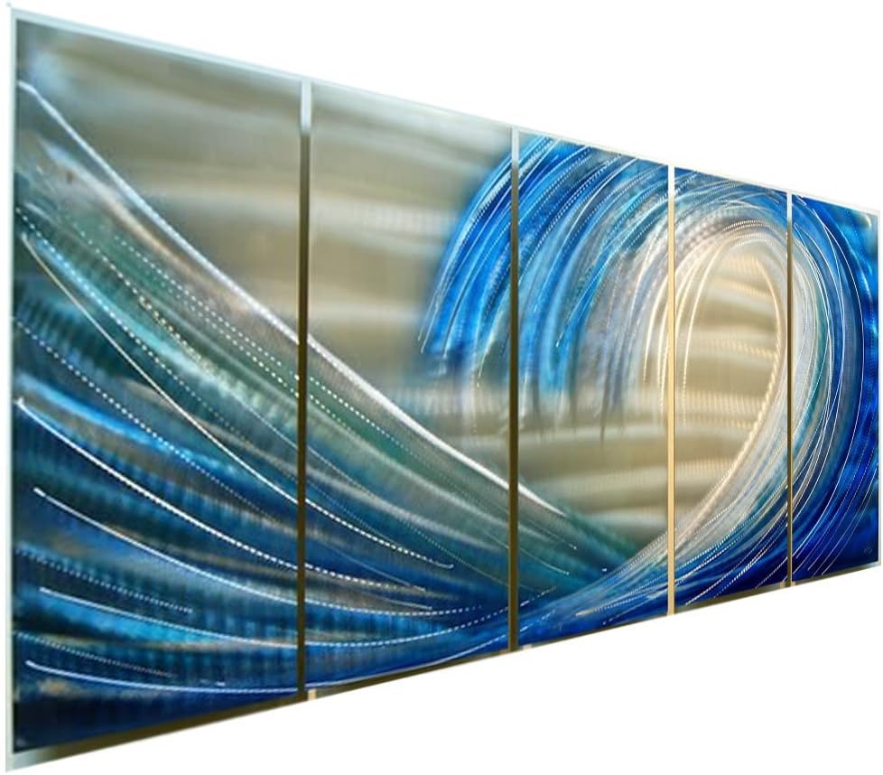 Statements2000 Tropical Beach Large 3D Metal Wall Art Panels Painting Hanging Sculpture by Jon Allen, Silver/Blue, 64" x 24" - Shoot The Curl