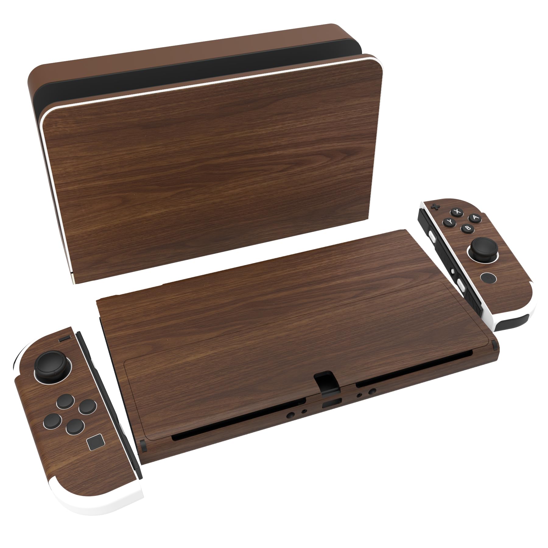 playvital Full Set Protective Stickers for Nintendo Switch OLED Model, Customized Vinyl Decal Skins for Switch OLED Console & Joycon & Dock & Grip - Wood Grain