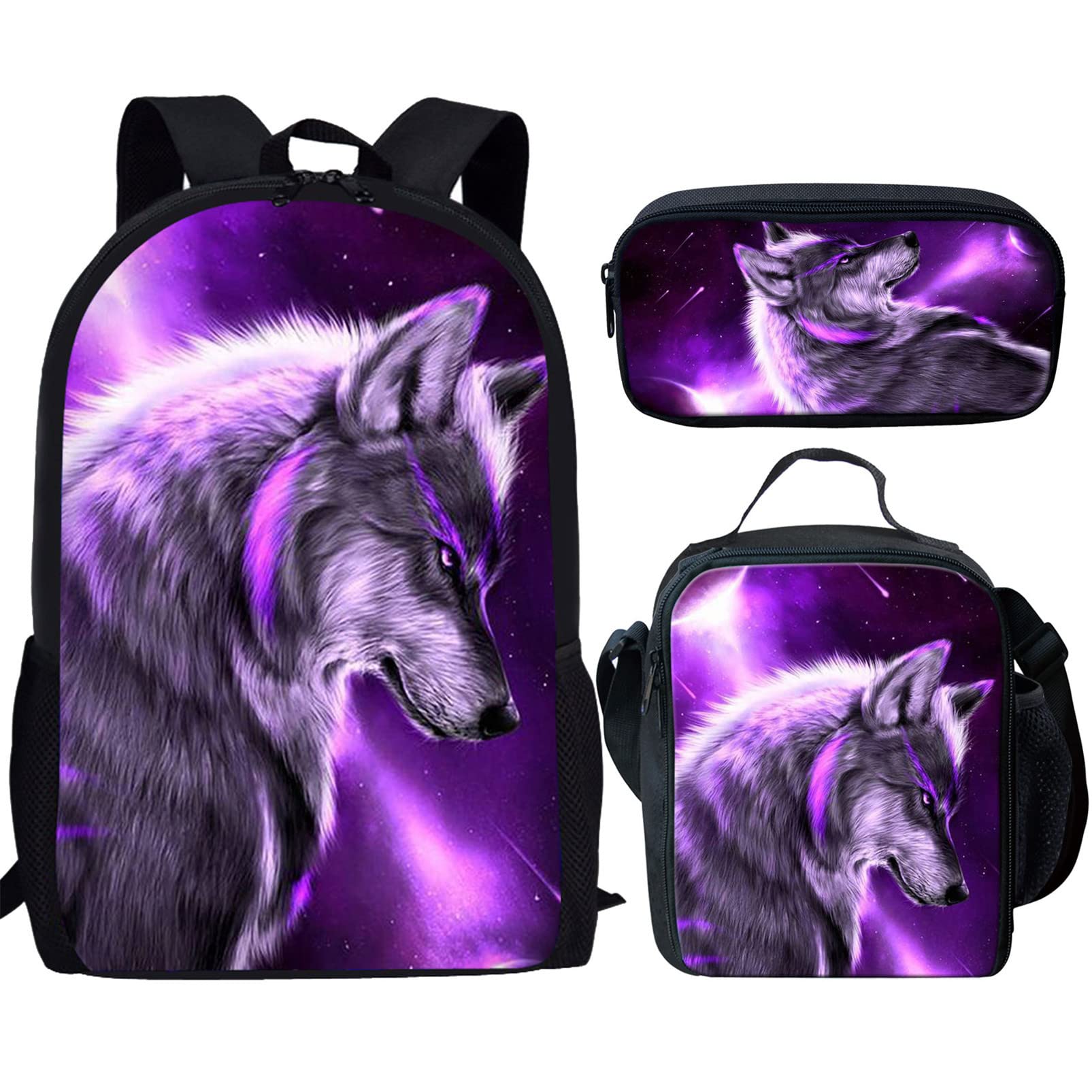 HUIACONG Galaxy Wolf School Bags for Girls Rucksacks,Kids Backpack and Lunch Box for Boys Teen Pencil Case,Primary Student Bookbag with Water Bottle Holder