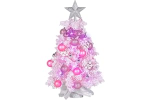 BRINJOY 24" Tabletop Christmas Tree, Mini Flocked Tree w/Timer, Tree Topper Star, Lights, 27 Accessories, Lifelike Snow Frost, Super Thick Fluffy Artificial Tree, Xmas Holiday Home Decor DIY (Pink)