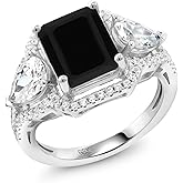 Gem Stone King 3.92 Cttw Black Onyx Ring For Women | 925 Sterling Silver | Emerald Cut 10X8MM | Gemstone December Birthstone | Wedding Engagement Anniversary Promise Ring For Women