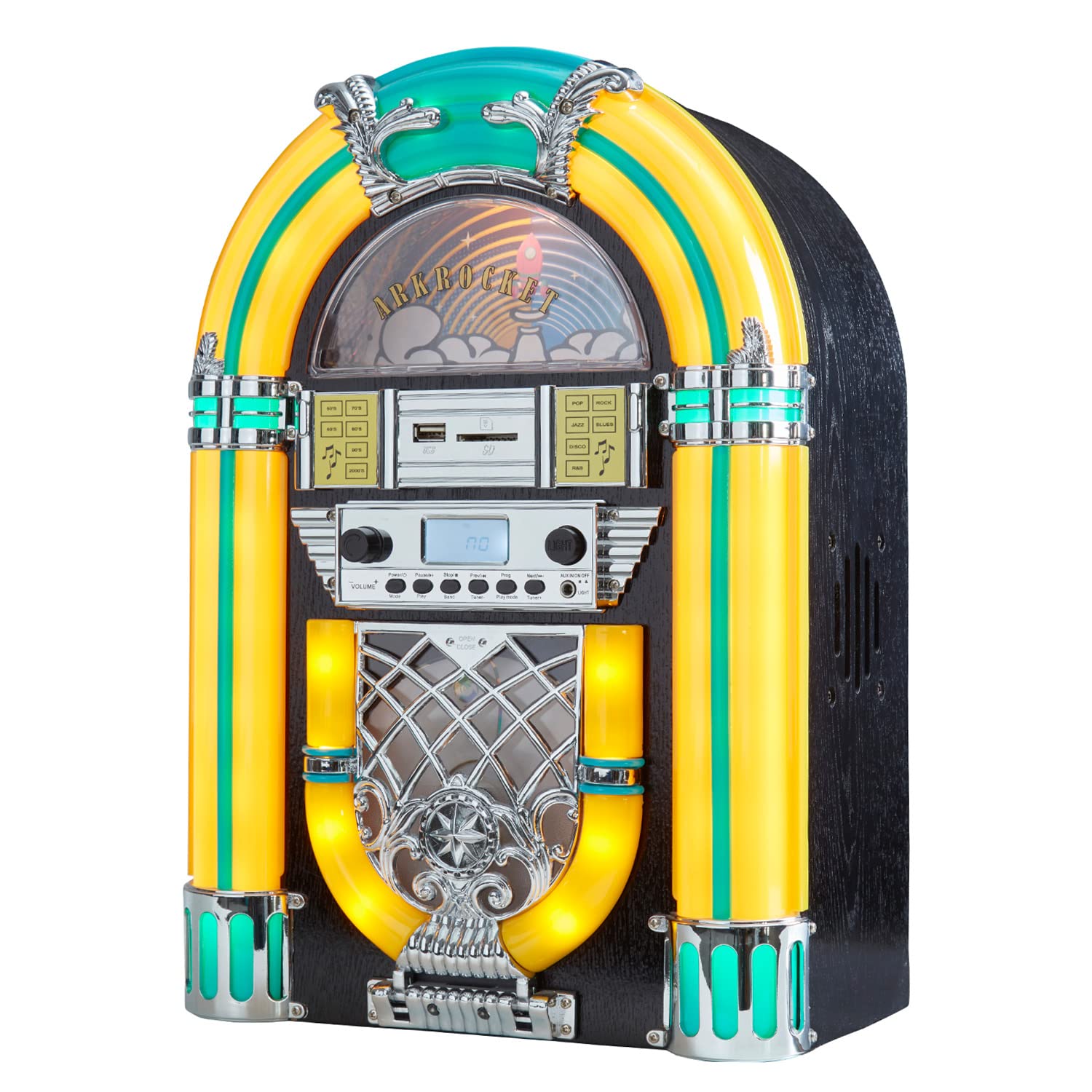 Photo 1 of Arkrocket Athena Mini Jukebox/Tabletop CD Player/Bluetooth Speaker/Radio/USB and SD Card Player with Retro LED Lighting System (Yellow Green)