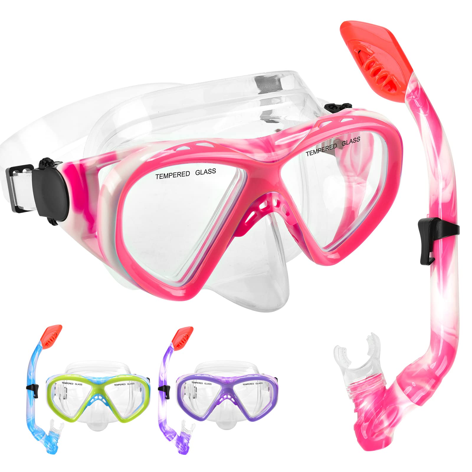 Photo 1 of Kids Snorkel Set Dry Top Snorkeling Gear for Kids Youth Boys Girls Junior Age 5-15,Tempered Glass Swimming Diving Mask and Snorkel Set 180 Degree Panoramic View (Pink)