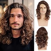 Beweig Brown Wig for Men Long Curly Wavy Synthetic Halloween Costume Party Wig for Male