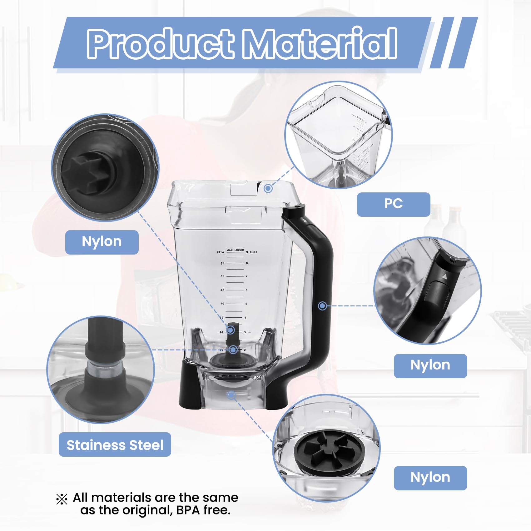 WARDFYT Replacement Pitcher 72 oz XL Compatible with Ninja Blender (New Model) BL610, 72oz Crushing Pitchers Replacement for Ninja BL710WM BL710WMC CO610B CO650B CT610