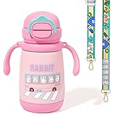 PHEENOWL 13oz Kids Insulated Water Bottle, 2-in-1 Straw & Spout Lid, with Shoulder Strap and Handle, 316 Stainless Steel Water Bottle for Toddler, Sports, Travel, and School (Pink - Rabbit)