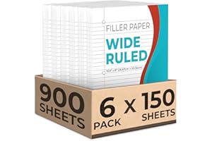 Rosmonde Loose Leaf Paper, 900 Sheets, 6 Pack, Wide Ruled, 8" x 10.5", 56 gsm Bulk Office Filler Sheets, 3 Hole Punched, 150 Sheets/Pack, Wide Ruled for 3 Ring Binder, Notebook Paper, White
