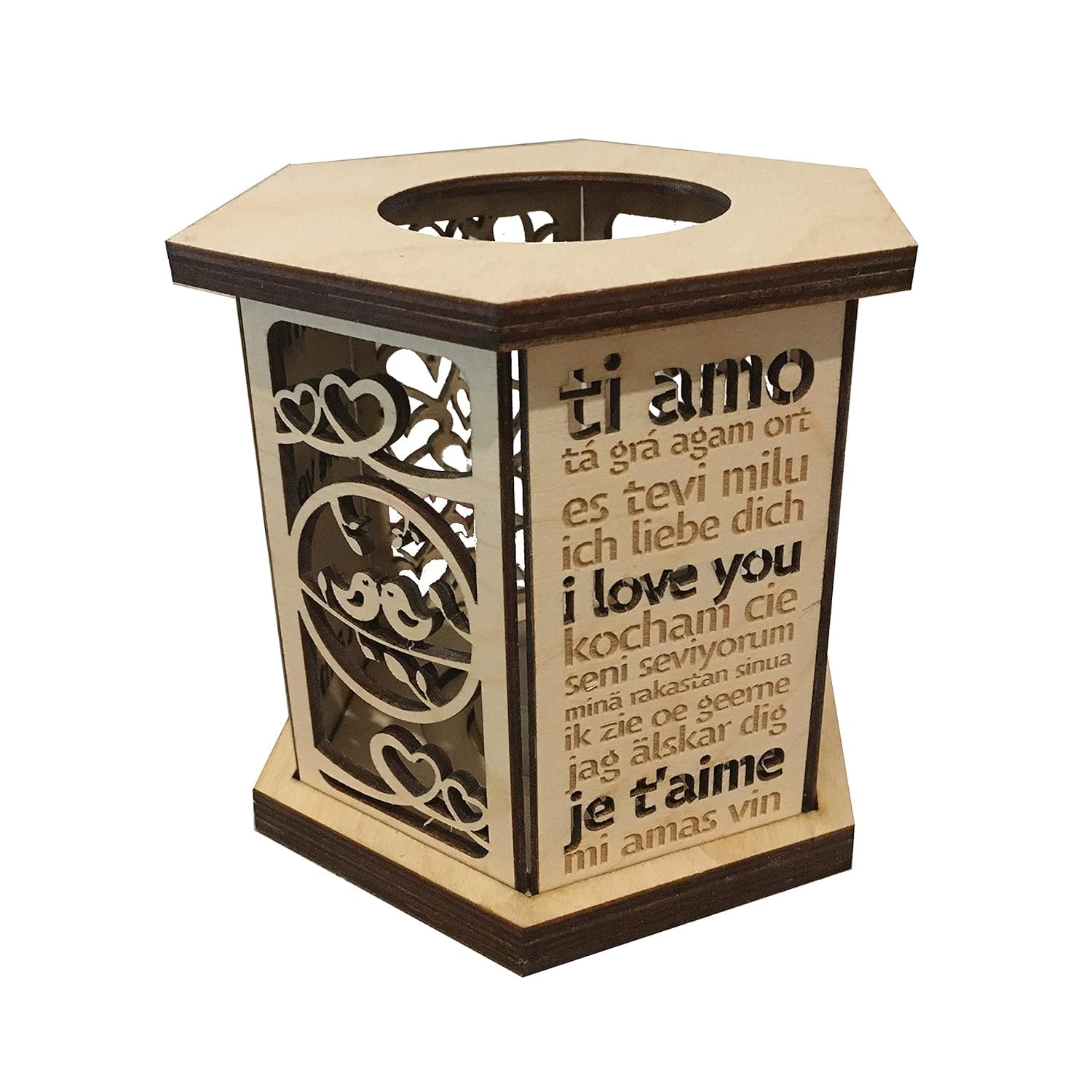 Candle Holder Wood 5th Wood Wedding for Wife - I Love You Gifts for Her or Him - Romantic Candle Tea Light Holder - Candle Holder with I Love You Engraving and Heart Shaped Lantern