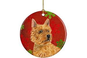 Caroline's Treasures Norwich Terrier Red and Green Snowflakes Holiday Christmas Ceramic Ornament Christmas Tree Hanging Decorations for Home Christmas Holiday, Party, Gift, 3 in, Multicolor