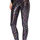 Jescakoo Digital Print Mermaid Fish Scale Shiny Leggings for Women Rainbow XL