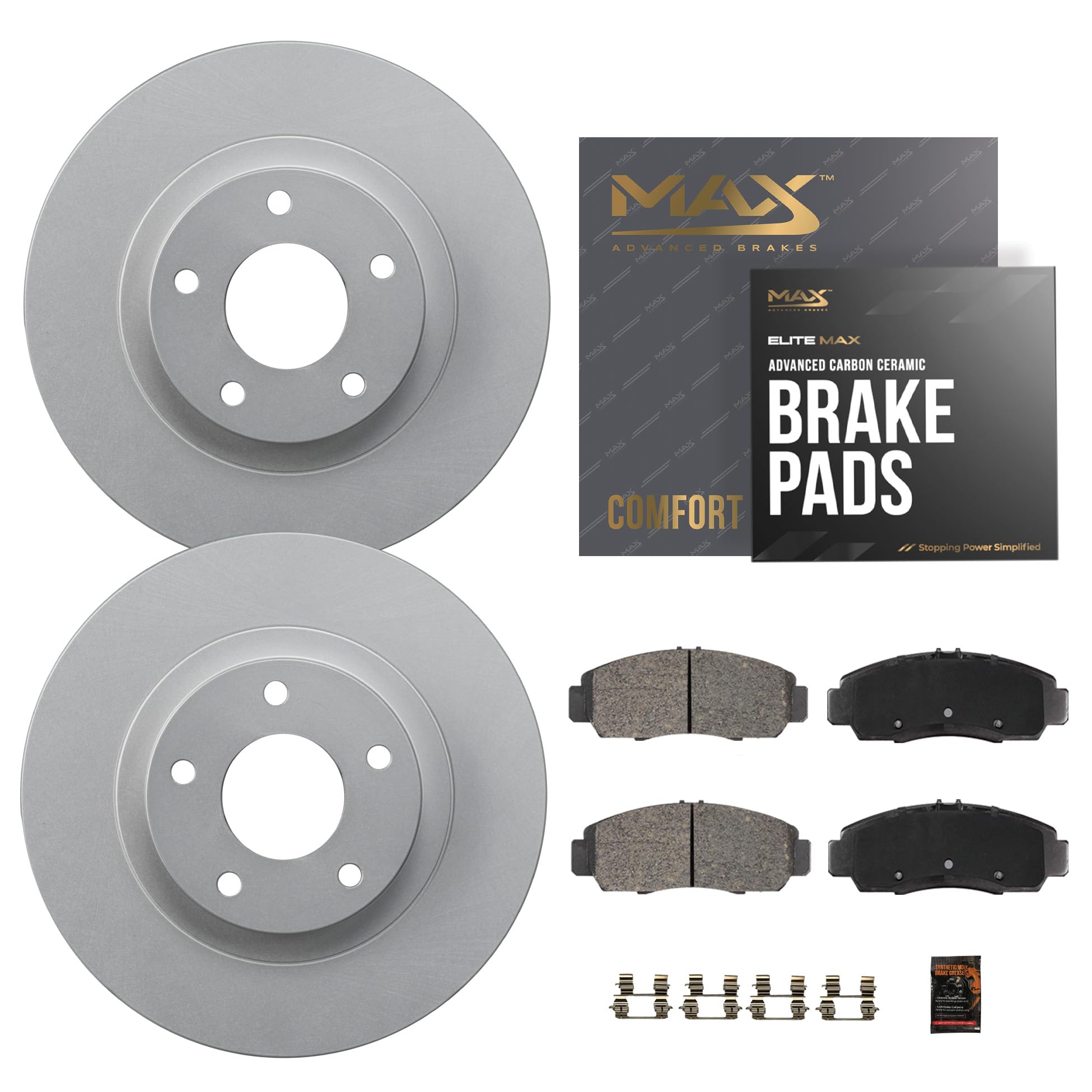Max Advanced Brakes Rear Brake Kit Compatible With 2011-2014 2015 2016 2017-2021 Dodge Durango w/Soild Rear Rotor Replacement Geomet Coated OE Disc Brake Rotors and Ceramic Brake Pads Image