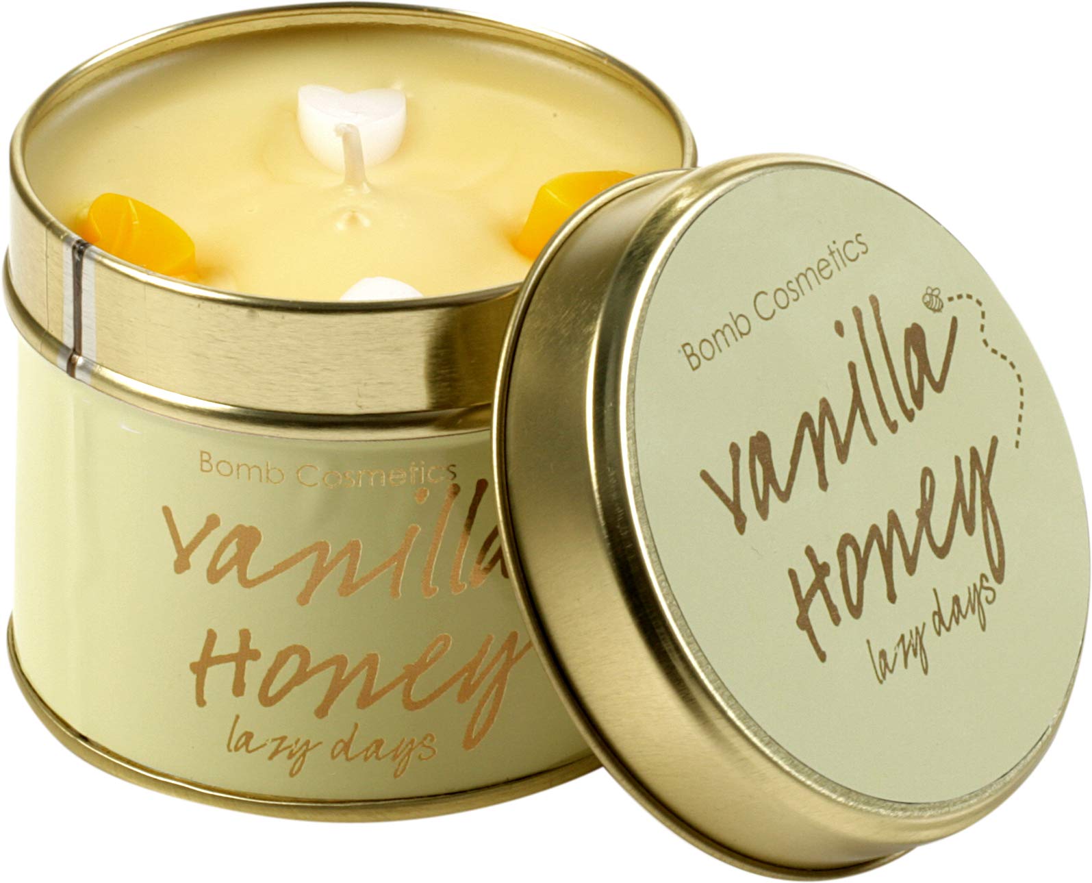 Bomb Cosmetics Vanilla Honey Scented Tin Candle; Contains Pure Cedarwood & Vetiver Essential Oils; Vegan Friendly; 30-35 Hour Burn, Yellow, 7.7cm l x 7.7cm w x 7.7cm h