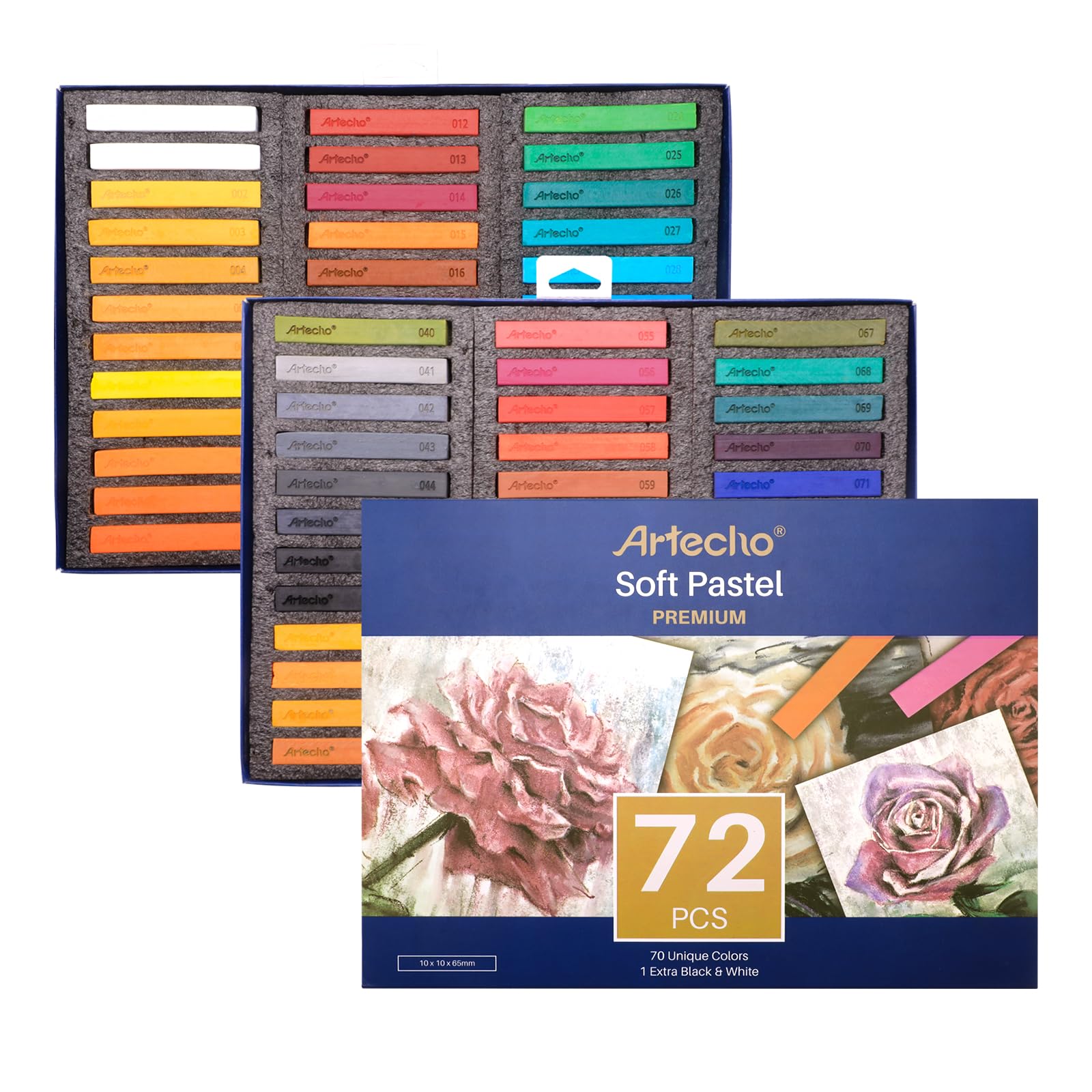 Artecho Soft Pastel Set of 72, Including 4 Fluorescent colors Premium Square Chalk for Drawing, Blending, Layering, Shading, Art Supplies for Kids, Beginners, Students, Experienced Artists